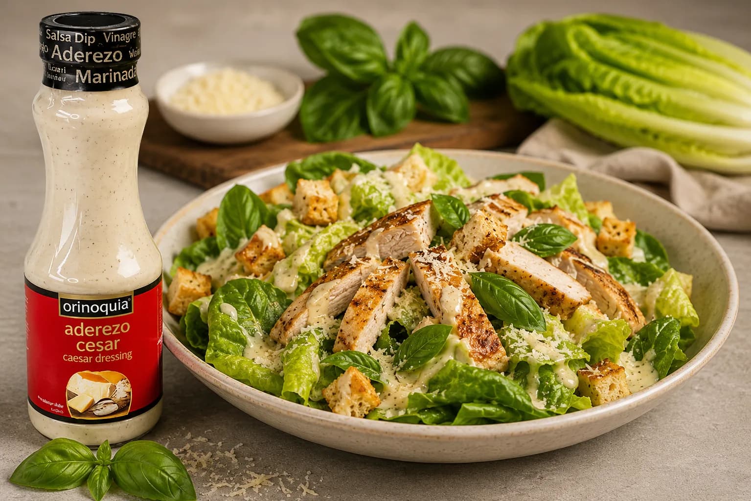 Ensalada Cesar con Pollo y Albahaca
