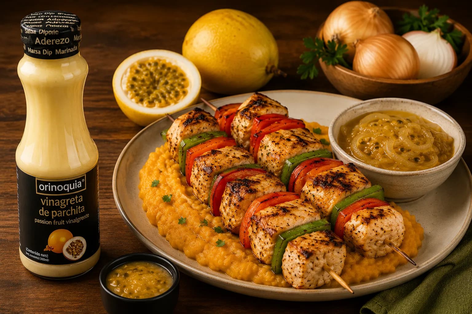 Brochetas de pollo con salsa de cebolla y parchita
