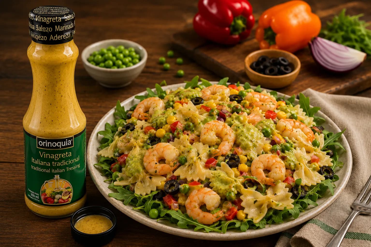 Ensalada de Farfalle en cama de rúcula con topping de crema de guisantes
