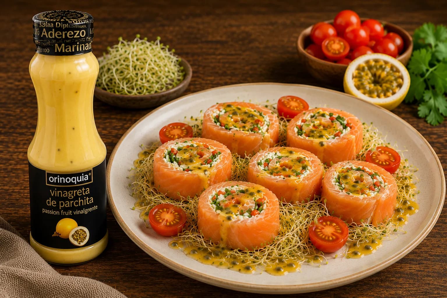 Rollos de salmon en Salsa de Parchita